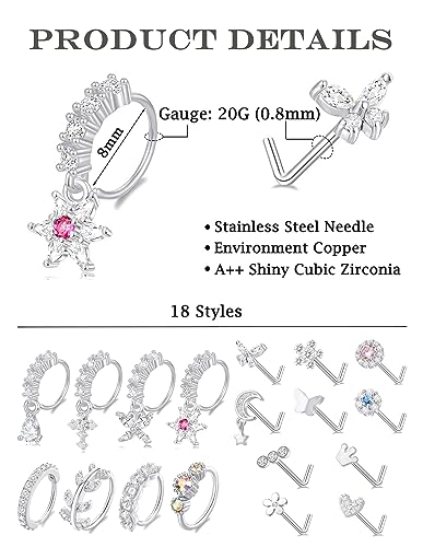 Akeoqi 18Pcs Nose Rings Hoops L Shape Nose Studs Screw Bone CZ Butterfly Flower Cross Leaf Star Crown Heart Nose Nostril Piercings Jewelry Set For Women Men Gold Silver Tone 20G - color: B1:Silver-18PCS