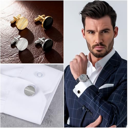 COMNICO 4 Pairs Cufflinks for Men Classic Tone Cuff Links Fashion Men Cufflinks Gold/Sliver Striped Disc Square Rectangle Cuff Links for Business Wedding Party Gift Box - color: round glod silver