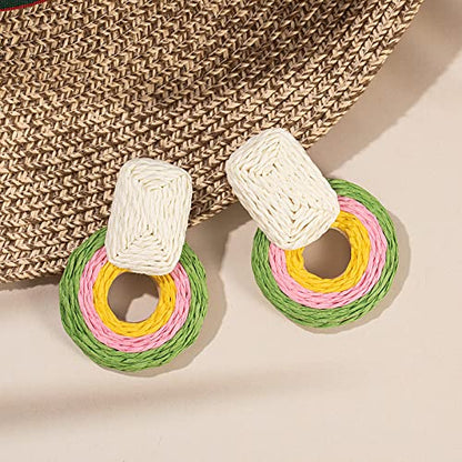 Statement Raffia Earrings Cute Boho Earrings Rattan Dangle Earrings Handmade Straw Wrap Earrings Summer Drop Dangling Earrings for Women Teen Girls - color: Green/Pink/Yellow