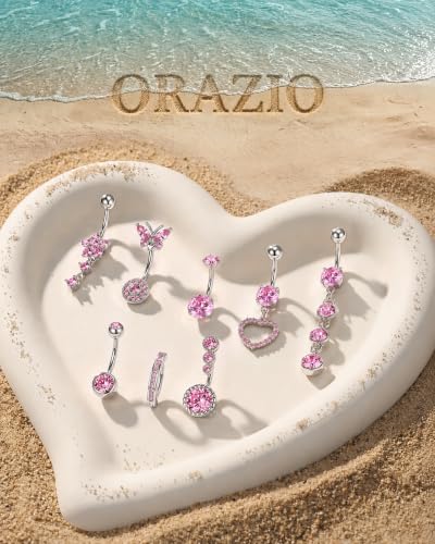 ORAZIO Gold Belly Button Ring Dangle Hypoallergenic Surgical Stainless Steel Belly Rings for Women 14G Belly Button Piercing Cute Navel Ring Belly Piercing Jewelry - color: Pink
