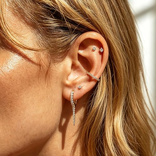 DREMMY STUDIOS Gold Dainty Huggie Hoop Earrings 18K Gold Plated Exquisite Open Tassel Dangle Charm Drop Sleeper Geometric Cross Coin Star Heart White CZ Simple Hypoallergenic Earrings for Women - color: Long-CZ
