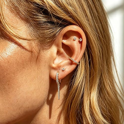DREMMY STUDIOS Gold Dainty Huggie Hoop Earrings 18K Gold Plated Exquisite Open Tassel Dangle Charm Drop Sleeper Geometric Cross Coin Star Heart White CZ Simple Hypoallergenic Earrings for Women - color: Long-CZ