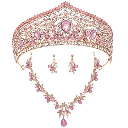 Princess Tiara Crown and Jewelry Sets for Women Wedding Rhinestone Crystal Tiaras and Crowns with Necklace Earrings Party Birthday Accessories - color: Opal Pink