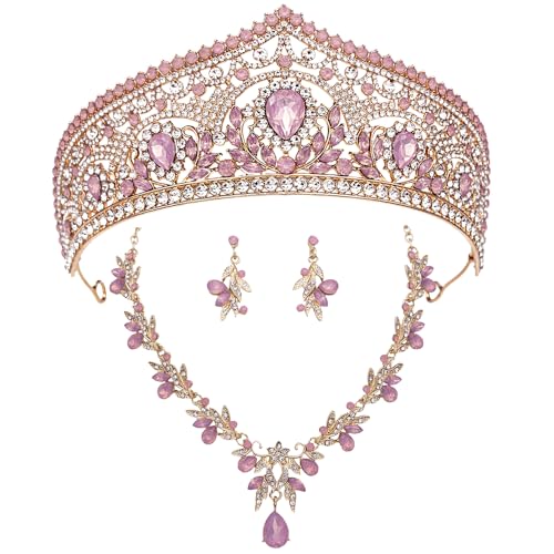 Princess Tiara Crown and Jewelry Sets for Women Wedding Rhinestone Crystal Tiaras and Crowns with Necklace Earrings Party Birthday Accessories - color: Opal Pink