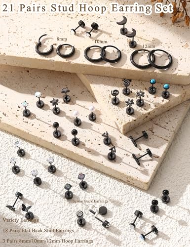 LOLIAS 21 Paris Stainless Surgical Steel Flat Back Earrings Hypoallergenic | 20G Cartilage Earring Stacks,Screw Back Nap Flatback Stud Earrings for Sensitive Ears Women,Earring Set,Pack Piercing Jewelry - color: Black-plated