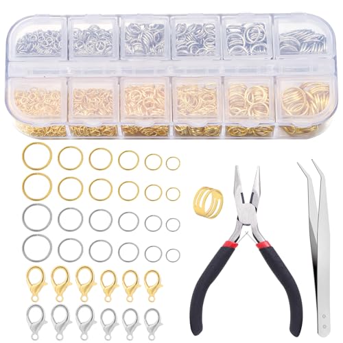 1503Pcs Jump Rings for Jewelry Making Supplies Necklace Clasps Kit with Open Tools Pliers Tweezers and Lobster Clasps for Jewelry Tools Repair Kit - color: mix11