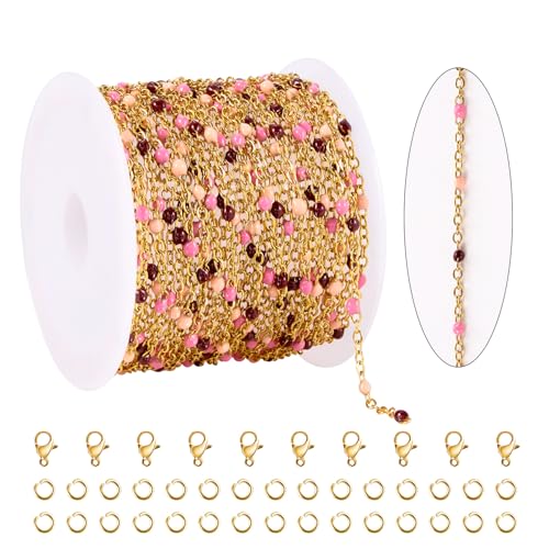 KYUNHOO 5M Stainless Steel Gold Chain for Jewelry Making Thin Cable Links | 16.4 Feet Colorful Beaded Chains with Clasps Jewelry Findings for Necklace Bracelet Crafting - color: gold-purple pink