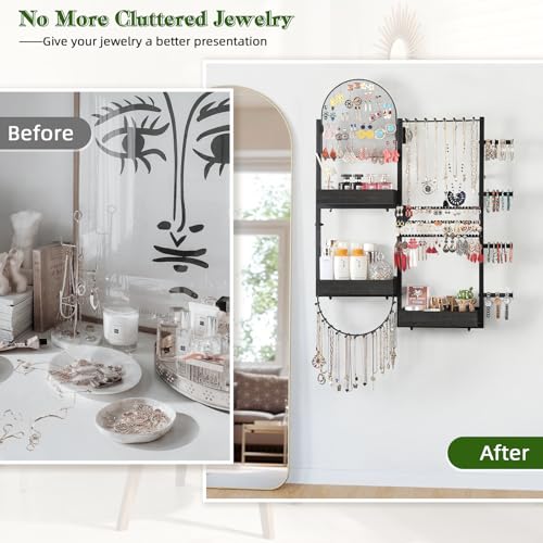 Keebofly Wall Mount Hanging Jewelry Organizer - Large Display Holder for Earrings, Rings, Necklaces, Bracelets, Watches and Perfume - Black - color: Black