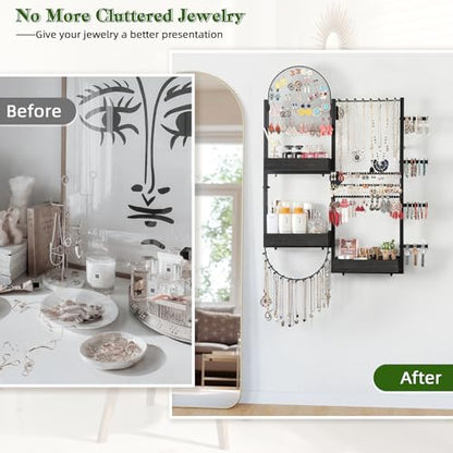 Keebofly Wall Mount Hanging Jewelry Organizer - Large Display Holder for Earrings, Rings, Necklaces, Bracelets, Watches and Perfume - Black - color: Black