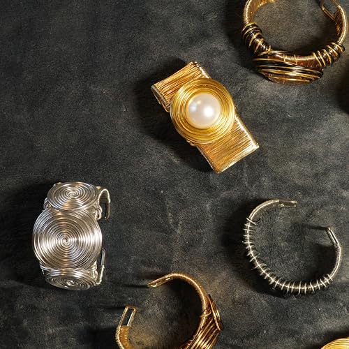 Chunky Gold Cuff Bracelets for Women Stack Silver Bracelet Vintage Bohemian Indian Bangles for Women Adjustable Open Wide Gold Bangle Bracelet Trendy Statement Jewelry - style: GOLD FINISH WHITE PEARL