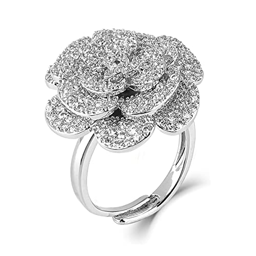 Cocktail Rings Silver Rose Flower Ring for Women Adjustable 18K Gold Plated Snowflake Open Wrap Wedding Statement Valentine Gift for Lover Wife Christmas - style: JZ06 Flower Ring-Silver