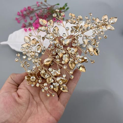 Wedding Hair Pieces for Brides, Rhinestone Bride Headpiece, Handmade Bridal Hair Accessories(Champagne) - color: Champagne