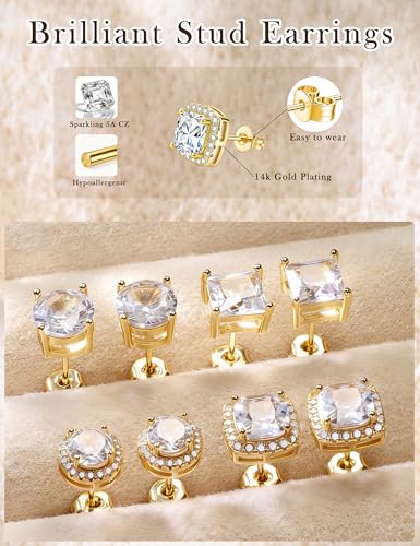 Stud Earrings for Women Men Gold Plated Earring Studs Cubic Zirconia - color: Gold