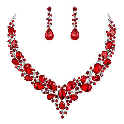 Women's Wedding Statement Necklace Dangle Earring Jewelry | Austrian Crystal Teardrop Cluster,Necklaces Earrings Set for Bride Bridesmaid,Prom Accessories - color: 03-Ruby Color Silver-Tone