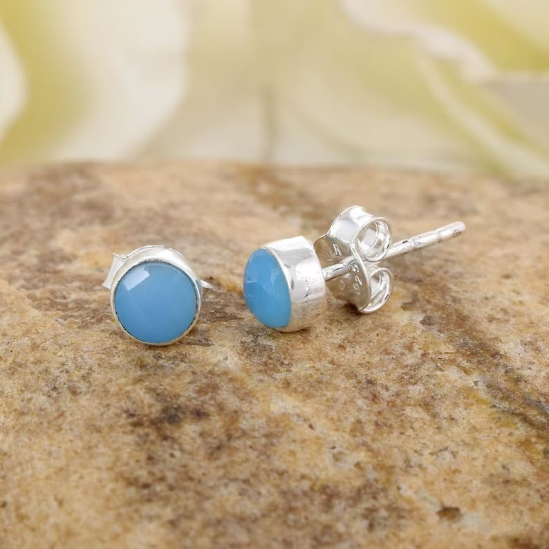 5 MM Natural Gemstone 925 Sterling Silver Hypoallergenic Studs Earrings Jewelry for Women Dainty Trendy Antiqued Silver Birthstone Earrings Jewelry Gifts for Women and Her - color: Aqua Chalcedony