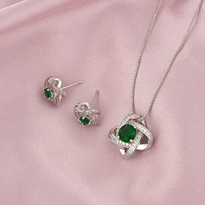 AMYJANE Bridal Jewelry Set for Women - Crystal Cubic Zirconia Love Knot Necklace Stud Earrings Elegant CZ Jewelry Set for Wedding Bride Bridesmaids Gift Set - color: Emerald(14k White Gold Plated)