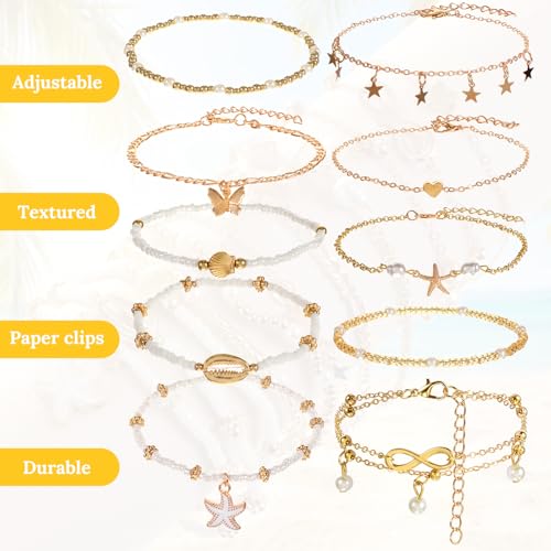 Tyqour 10PCS Anklets for Women Ankle Bracelets for Women Waterproof Bohemian Pearl Women's Anklets Gold White Adjustable Layered Chain Summer Beach Foot Jewelry Gift Set Plus Size 8.27+1.97 Inch