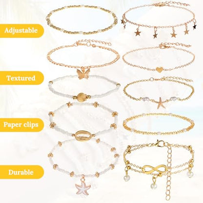Tyqour 10PCS Anklets for Women Ankle Bracelets for Women Waterproof Bohemian Pearl Women's Anklets Gold White Adjustable Layered Chain Summer Beach Foot Jewelry Gift Set Plus Size 8.27+1.97 Inch
