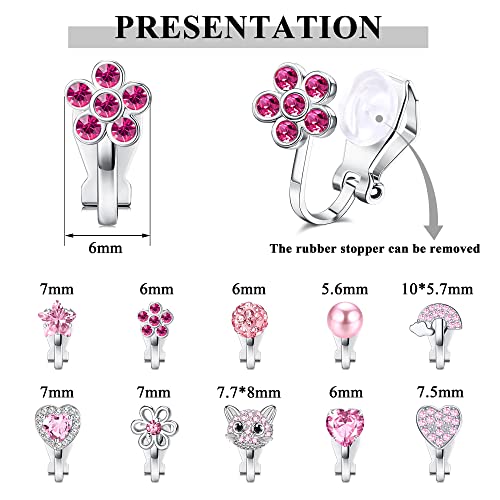 FASACCO 8-10Pairs Clip on Earrings for Women Girls Colorful Crystal Non-Piercied Earrings Cute Flower Heart Butterfly Pearl Clip-on Earrings Over 3 Years Old - style: 10Pairs Pink