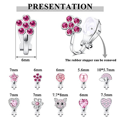 FASACCO 8-10Pairs Clip on Earrings for Women Girls Colorful Crystal Non-Piercied Earrings Cute Flower Heart Butterfly Pearl Clip-on Earrings Over 3 Years Old - style: 10Pairs Pink