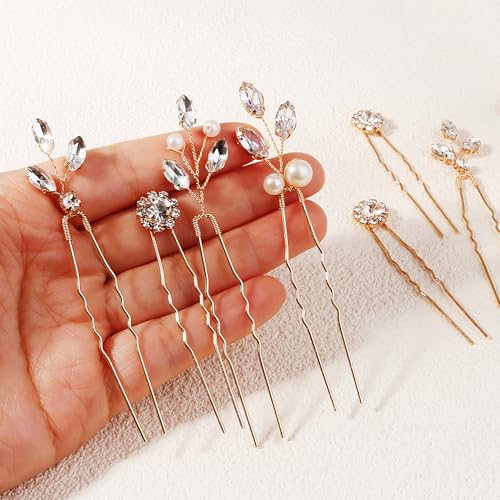 11 Pieces Bride Hair Pins Rhinestones Hair Accessories for Women Crystal Hair Piece for Wedding Bride Women Bridesmaids - color: 04 Gold-UJ-1029