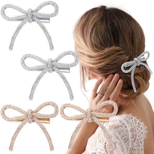 Daifunli 4 Pcs Bow Hair Clips Sparkly Crystal Rhinestone Bling Bowknot Clips Silver and Gold Barrette Hairpin Headwear Gifts for Women Girls Weddings Brides Birthdays and Valentine Gifts - style: Rhinestone