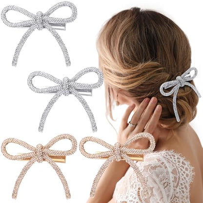 Daifunli 4 Pcs Bow Hair Clips Sparkly Crystal Rhinestone Bling Bowknot Clips Silver and Gold Barrette Hairpin Headwear Gifts for Women Girls Weddings Brides Birthdays and Valentine Gifts - style: Rhinestone