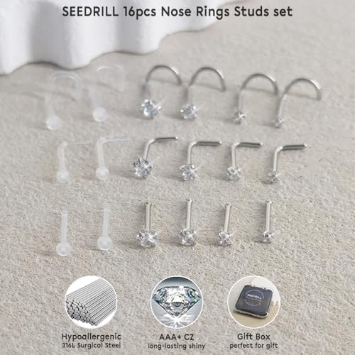 SEEDRILL 18Pcs Nose Rings Studs for Women Men 20G Clear Nose Studs piercing retainers Hypoallergenic 316L Surgical Steel Nose Piercings Jewelry Nose Ring L Shape Nose Stud 20 Gauge Nose Screw Studs - color: Silver
