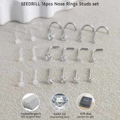 SEEDRILL 18Pcs Nose Rings Studs for Women Men 20G Clear Nose Studs piercing retainers Hypoallergenic 316L Surgical Steel Nose Piercings Jewelry Nose Ring L Shape Nose Stud 20 Gauge Nose Screw Studs - color: Silver