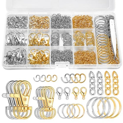 BESARME 1130PCS Keychain Making Kit Jump Rings for Jewelry DIY Key chain Supplies with Keyrings Bulk, Metal Lobster Claw Clasp, Swivel Snap Hook, Extender Chain for Crafts Accessories（Gold and Silver） - color: Gold and Silver
