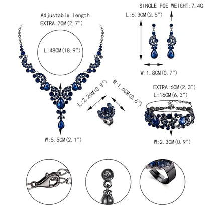 EVER FAITH Rhinestone Crystal Bridal Floral Wave Teardrop Necklace Earrings Set - color: 4pcs_Blue Black-Tone