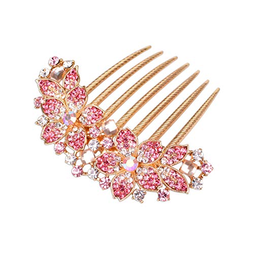 Women Rhinestone Inlaid Flower Hair Comb Hairpin Barrette Accessory,Also Perfect Mother's Day Gifts for Mom (Pink) - color: Pink