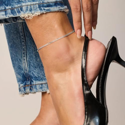 ChainsHouse Ankle Bracelets for Women, Stainless Steel Beaded Chain Ankle Bracelet, Womens Heart Anklets for Summer Beach Jewelry Gifts - color: A: cuban-3mm-sterling silver