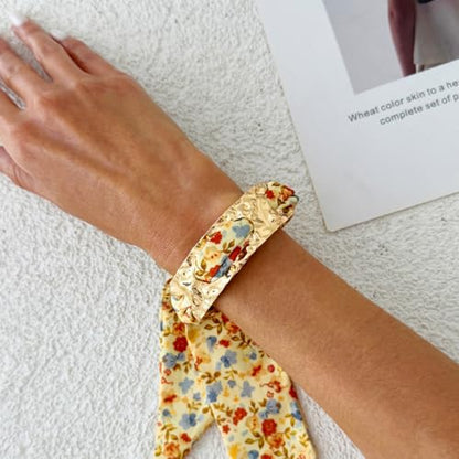 Hammered Gold Metal Silk Scarf Bangle Women,Chunky Fabric Wrapped Open Cuff Bracelet,Boho Ethnic Style Geometric Jewelry, Elegant Statement Wrist - color: Yellow