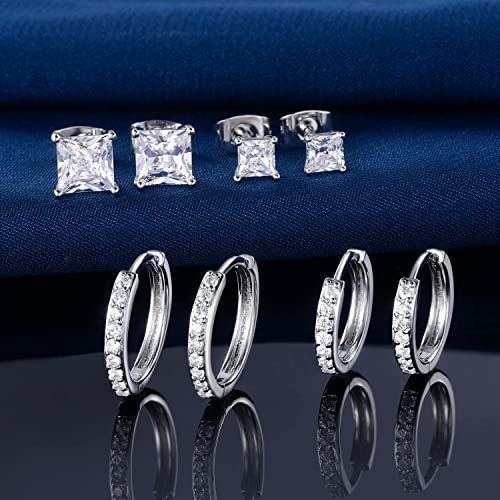 White Gold Earrings for Women Men Hoop and Stud Earring Set | Hypoallergenic 14K White Gold Plated Hoops Huggie Stud Earrings Set Round Cubic Zirconia Ear Jewelry - style: A2-White Gold-Hoop&Square Stud (4 Pairs)