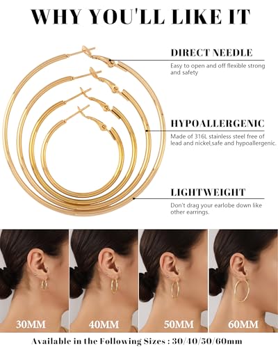 JEMARA Gold Hoop Earrings for Women Hypoallergenic Stainless Steel Large Thin Gold Hoop Earrings Lightweight Big Hoops Aretes de Acero Inoxidable para Mujer 30/40/50/60MM - color: Gold-60mm