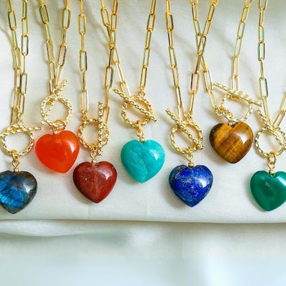 Gempires Gemstone Heart Pendant Necklace for Women, Gold Toggle Birthstone | Handmade gemstone heart pendant necklace — choose from 11 stones and birthstones, gold toggle paperclip chain. - color: Smoky Quartz