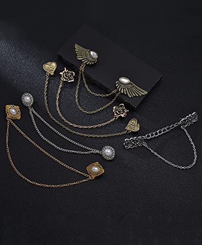 6 Pcs Antique Sweater Shawl Clip Chain Renaissance Style Rose Bowknot Brooch Flowers Wings Heart Cardigan Pin Gold sliver For Woman Men - style: A:6Pcs(Heart)