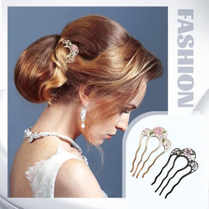 2 Pack Flower Pattern U Shaped Hair Pins for Buns Creative 4 Prong Hair Updo Hair Sticks Metal Teeth Hair Fork Clips Attractive Hair Accessories (Multi-Color)