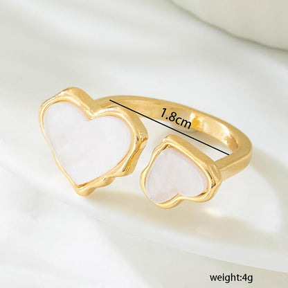 Retro Enamel Double Hearts Open Statement Ring for Women Fashion Simple Asymmetry Love Hearted Wrap Finger Knuckle Adjustable Bands Rings Gold Plated Wedding Eternity Promise Engagement Jewelry - color: White