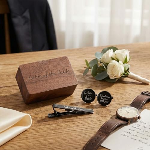 Colingmill Father of the Bride Gift Dad of the Bridegroom Cufflinks Tie Clip Set with Engraved Wood Gift Box for Dad - style: Father of the Bride,Always,Black