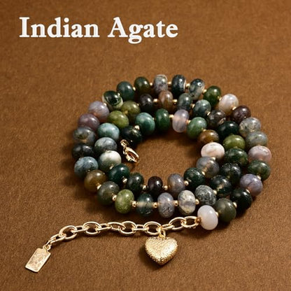 Boho Gemstone Beaded Necklace for Women – Colorful Natural Stone Choker 18K Solid Heart-Shaped Pendant, Summer Beach Jewelry - color: Indian Agate