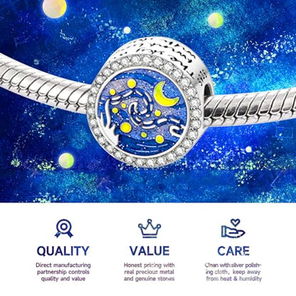 925 Sterling Silver Charms Bead for Bracelets Necklaces, Star Moon Crescent Sun Solar Pendent, Blue Ocean Starfish Shells Turtle Crab Starry Sea Cute Jewelry Birthday Gifts for Women Men - style: Starry Night