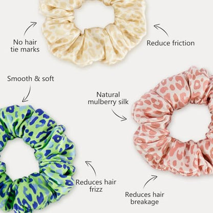 ZIMASILK 100% Pure Mulberry Silk Hair Scrunchies for Women | No Damage - Gentle Elastic Hair Ties for Ponytail Holder - Hair Accessories (3 Pack, Leopard Print) - color: Leopard Print (3pcs)