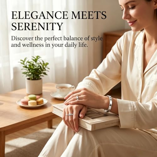 Calming Bracelet Ring Set for Women, Menopause Bracelets Adjustable Bangle Stainless Steel Cuff Climacterium Anxiety Stress Relief Energy Open Jewelry Gift - color: Silver PRO + Silver