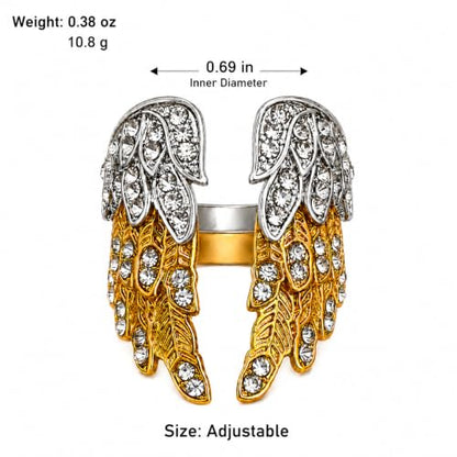 Angel Wing Adjustable Ring Set, Gold Silver Stackable Open Rings with Rhinestone Feather Design, Statement Jewelry for Women Party Daily Wear