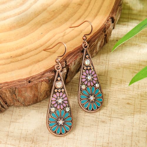 Bohemian Crystal Teardrop Dangle Earrings, Copper, Tribal Geometric Design, Handmade National Style for Women - color: Fugu-4PCScopperstyledrops