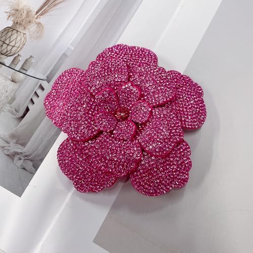 Rhinestone Flower Brooch Pin for Women Men Elegant Sparkly Crystal Camellia Floral Lapel Pins Shawl Dress Suit Clothes Accessories Wedding Party Fashion Jewelry 105mm - color: Hot Pink