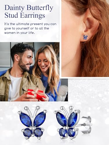 Suplight Butterfly Stud Earrings 925 Sterling Silver 14K Gold Brithstone Earrings for Women Brithstone Jewelry Gifts - color: 09.September ( Sapphire), size: Silver