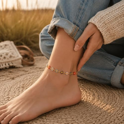 Women's Stainless Steel Daisy Anklet Gold Chain Dainty Flower Ankle Bracelet for Summer Beach Wear - color: Multi-color Daisy